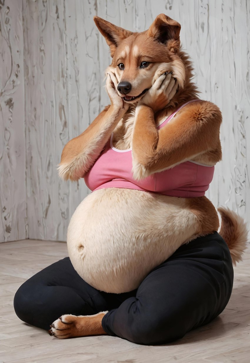 anthro belly big_belly big_butt black_nose bra breasts butt clothing face_squish facial_tuft female fluffy fluffy_tail fur hair hand_on_face inside overweight overweight_female photorealism photorealistic pink_clothing pregnant realism realistic sitting sitting_on_ground solo sports_bra squish sweatpants tan_body thick_thighs underwear voluptuous_female worried worried_look anonymous_director canid canine canis domestic_dog mammal shiba_inu spitz absurd_res hi_res wallpaper