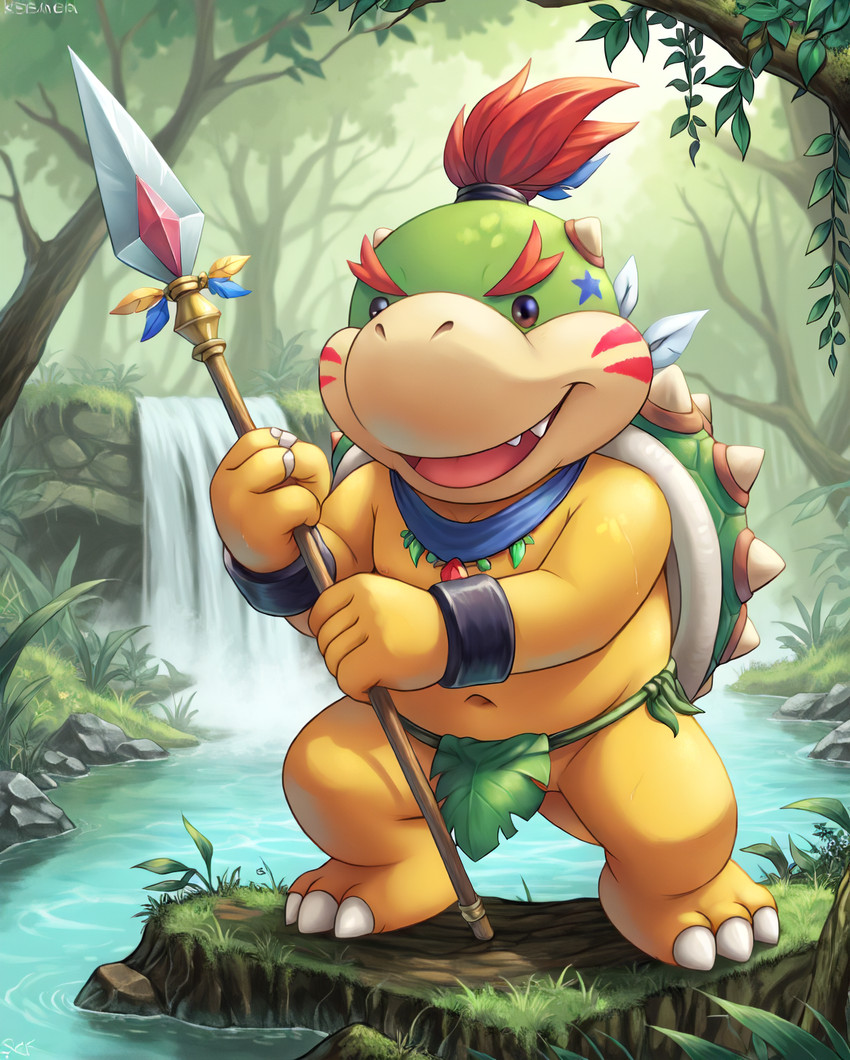 anthro bottomwear clothing grass hair loincloth male markings melee_weapon navel plant polearm red_hair shell smile solo spear spiked_shell spikes spikes_(anatomy) tree tribal tribal_markings waterfall weapon yellow_body young_male tribaldragon mario_bros nintendo bowser_jr. koopa scalie hi_res