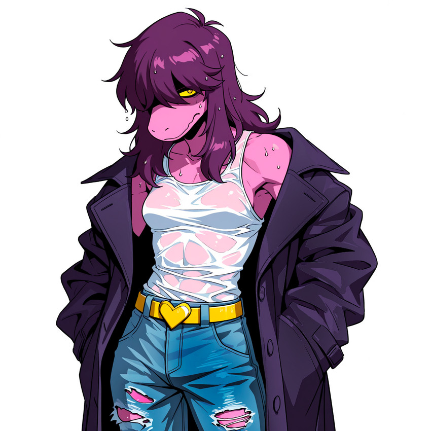 abs anthro belt belt_buckle bottomwear buckle clothing coat denim denim_clothing embarrassed female hair hand_in_pocket hands_in_both_pockets heart_symbol jeans looking_at_viewer mythology pants pockets shirt solo tank_top topwear torn_bottomwear torn_clothing torn_jeans torn_pants trenchcoat wet wet_body wet_clothing wet_hair loren_iipsum deltarune undertale_(series) susie_(deltarune) dragon mythological_creature mythological_scalie scalie hi_res