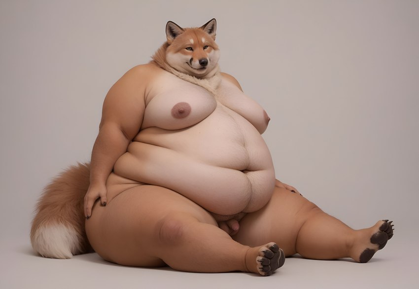 anthro bell belly belly_overhang black_stripes body_hair cheek_tuft chest_hair chest_tuft collar facial_tuft fat_rolls fluffy fluffy_tail fur genitals looking_at_viewer male moobs morbidly_obese navel nipples nude obese orange_body orange_fur overweight overweight_anthro overweight_male pawpads paws penis photorealism photorealistic realism realistic sitting small_penis snout solo stripes thick_thighs tuft white_body white_fur wide_hips anonymous_director canid canine fox mammal absurd_res hi_res