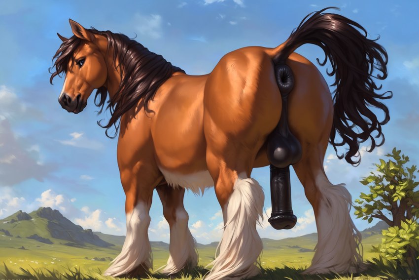 anatomically_correct anatomically_correct_genitalia animal_genitalia animal_penis anus balls brown_hair brown_mane brown_tail butt cloud dark_hair detailed_background equine_anus equine_genitalia equine_penis feral fetlocks fur genitals grass grassland hair looking_at_viewer looking_back male mane muscular orange_body orange_fur outdoor_nudity outdoors outside penis plant presenting presenting_hindquarters puffy_anus raised_tail sky smile solo tree white_body white_fetlocks white_fur draft_horse equid equine horse mammal detailed full-length_portrait hi_res portrait