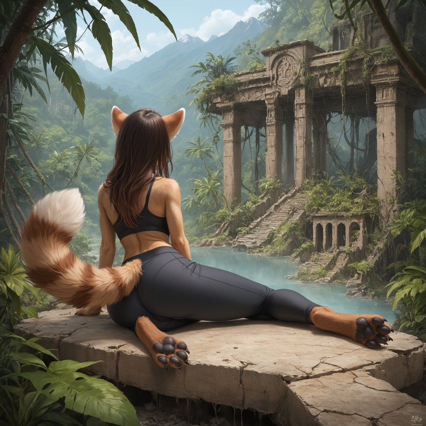 4_toes ai_tagging_(redrocket) amazing_background anthro barefoot black_bottomwear black_bra black_clothing black_pawpads black_underwear bottomwear bra brown_body brown_hair butt claws clothed clothing cloud day detailed_background digitigrade feet female fluffy fluffy_tail forest fur hair jungle leggings legwear long_hair markings midriff moss mountain mountains multicolored_body multicolored_fur outside palm_tree pants pawpads paws plant rear_view ruins sitting sky soles solo sports_bra striped_markings striped_tail stripes tail_markings tan_body temple toe_claws toes topwear tree underwear vines waianinsfwponyxl_(model) water white_body white_fur yoga_pants director_crashbandit ailurid canid canine felid hybrid mammal procyonid raccoon red_panda tail detailed digital_media_(artwork) hi_res