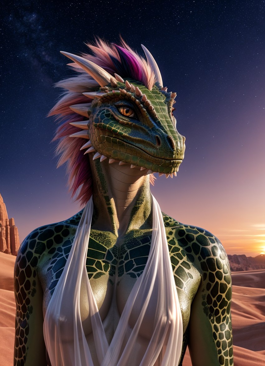 anthro breasts clothed clothing desert dress female hair horn long_hair nipple_outline nipples pink_hair silk solo sunset wolfs-chaser argonian dragon reptile scalie hi_res