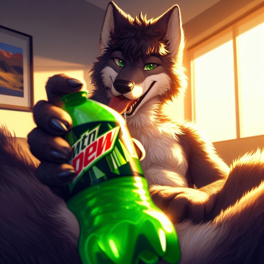 anthro green_eyes holding_object male mountain_dew open_mouth sitting solo tongue tongue_out view_between_legs peachesonpizza canid canine canis mammal wolf