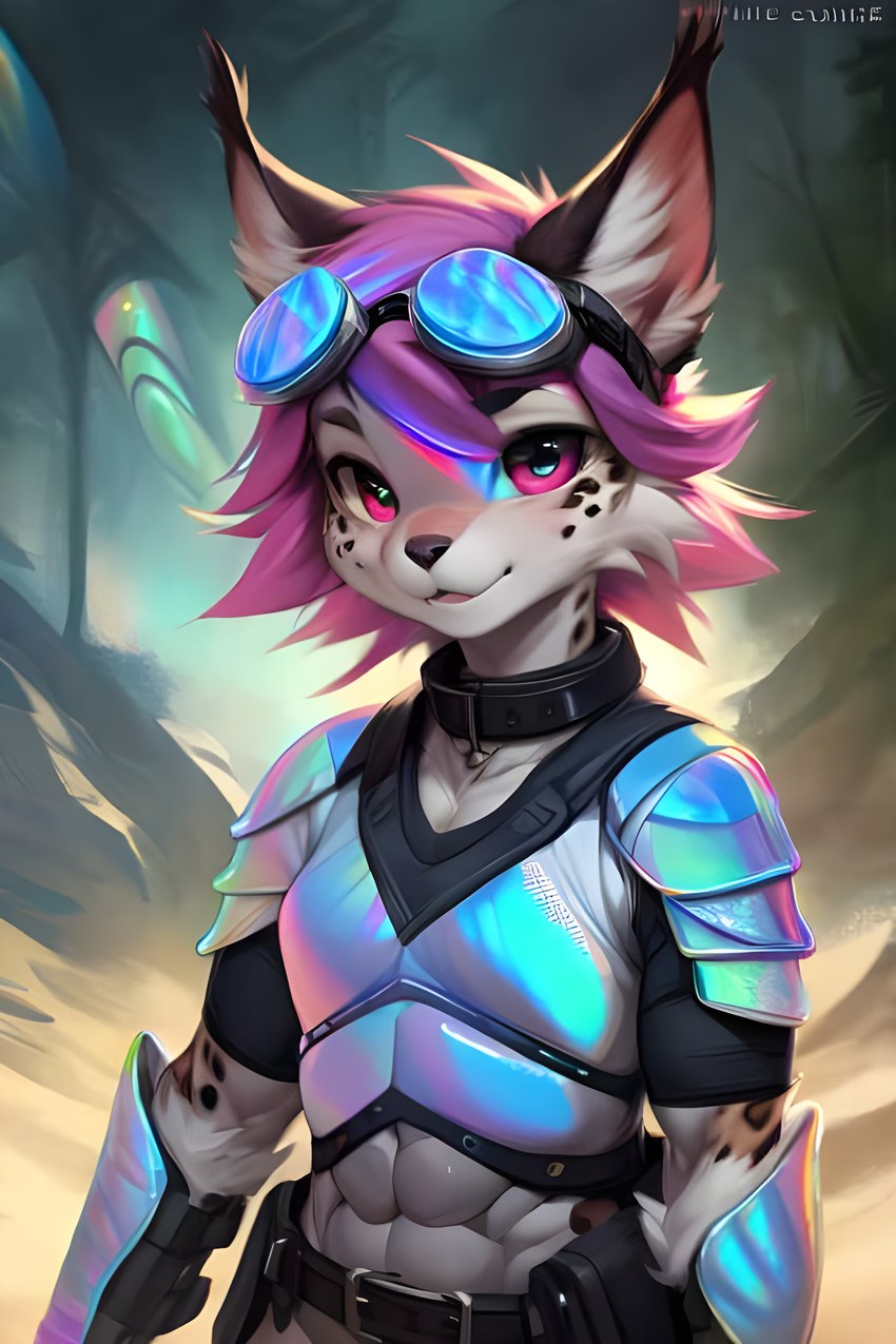 anthro clothed clothing female fur hair iridescent looking_at_viewer smile solo solo_focus white_body nikfur felid feline lynx mammal invalid_tag absurd_res hi_res