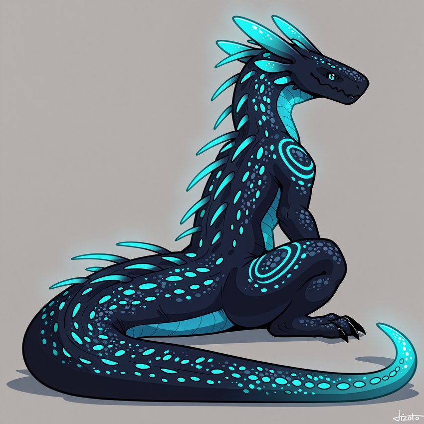 ambiguous_gender back_spines blue_body blue_eyes blue_scales claws dark_body feral glowing head_spines scales simple_background sitting solo spots spotted_body tail acryliccai rain_world videocult cyan_lizard_(rain_world) lizard_(rain_world) hi_res