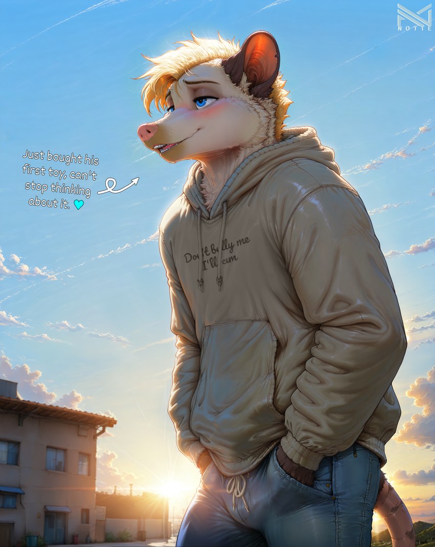 anthro blonde_hair blue_eyes blush bottomwear clothed clothing detailed_background fur hair hand_in_pocket light male meme_clothing outdoor outside pants pink_nose pockets smile solo standing sweatshirt text toony topwear tuft white_body white_fur notte didelphid mammal marsupial absurd_res detailed hi_res lighting meme shaded soft_shading watermark