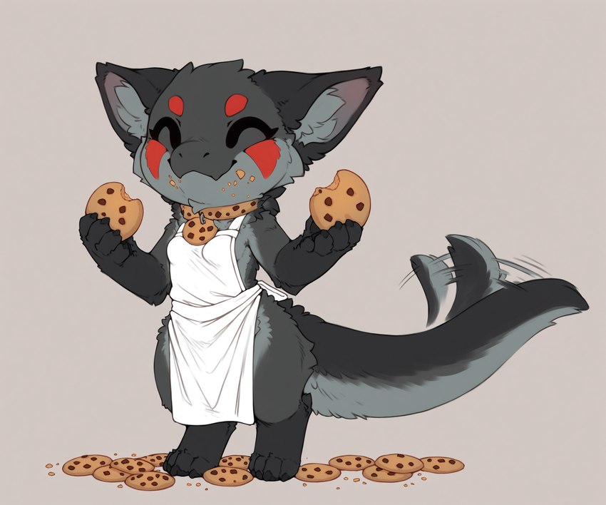 apron apron_only black_body black_fur breasts cheek_bulge chibi claws clothing cookie eating eyes_closed feet female fingers food fur grey_background grey_body grey_fur happy inner_ear_fluff mostly_nude red_body red_fur short_stack simple_background smile solo standing tail_motion tailwag toes tuft anotheranon cookie_(anotheranon) furred_kobold furred_scalie kobold hi_res