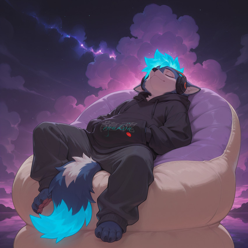 anthro bean_bag clothed clothing cloud cosmic_background eyes_closed fully_clothed headphones hoodie male sky solo topwear ryukon ryu_(ryukon) canid canine canis mammal wolf hi_res