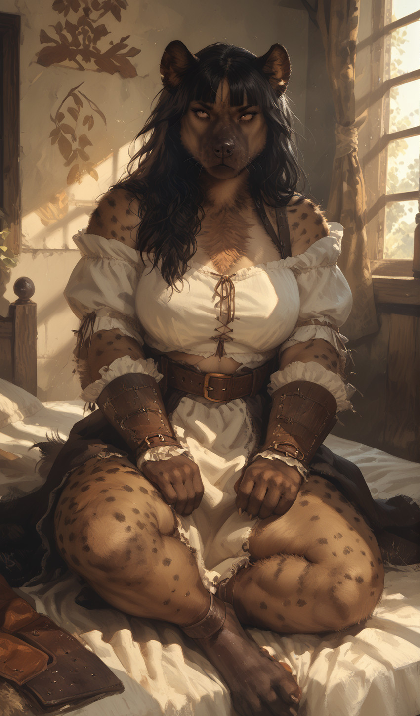 anthro bangs bed bedroom big_breasts black_hair breasts clothed clothing dress female furniture hair paws solo thick_thighs window tsavo akila gnoll hyaenid mammal hi_res