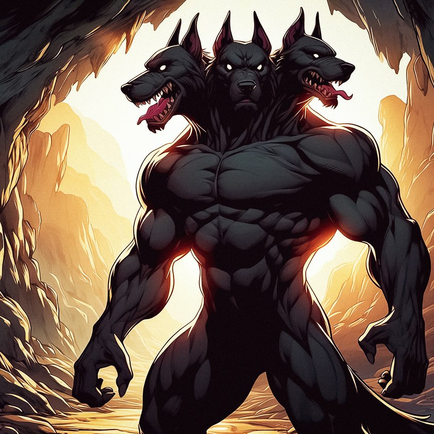 2024 3_heads abs anthro backlighting biceps big_abs big_biceps big_deltoids big_forearm_muscles big_muscles big_pecs big_quads big_trapezius big_triceps biped black_body black_claws black_ears black_fur black_nose black_tail broad_shoulders cave claws dall-e_3 dark_body dark_claws dark_ears dark_fur day deltoids detailed_background empty_eyes featureless_crotch finger_claws forearm_muscles front_view fur greek_mythology humanoid_hands light looking_aside looking_at_viewer male manly monotone_body monotone_fur mouth_closed multi_head muscular muscular_anthro muscular_male nude nude_anthro nude_male obliques open_mouth outside pecs pink_inner_ear pink_tongue prick_ears quads rock serratus sharp_teeth sky snout solo standing sun sunlight teeth thick_neck tongue tongue_out trapezius triceps vein veiny_muscles yellow_sky zenithwolf canid canid_demon canine canis cerberus demon domestic_dog hellhound mammal mythological_creature 1:1 detailed digital_media_(artwork) hi_res lighting portrait shaded three-quarter_portrait