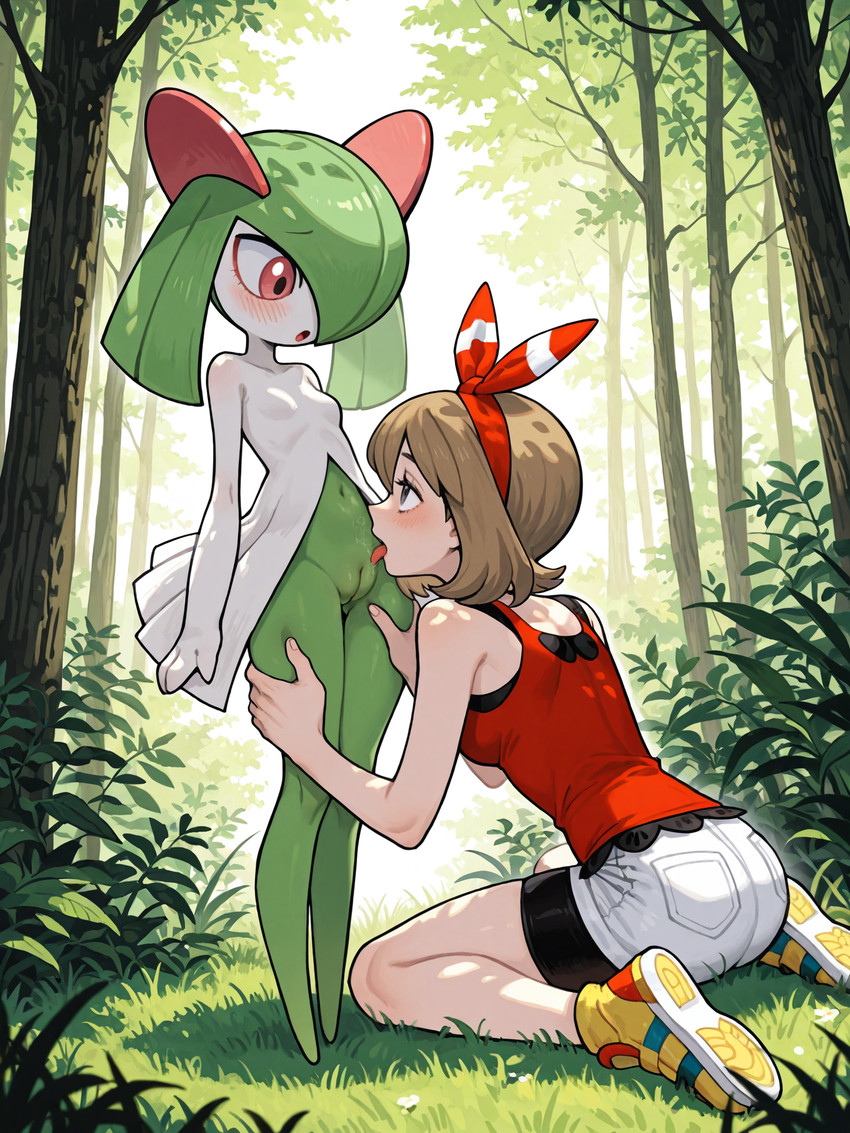 accessory black_clothing blush bodily_fluids bottomwear breasts brown_hair butt clothed clothed_female clothing cunnilingus detailed_background duo eyebrows eyelashes feet female female/female female_on_humanoid fingers footwear forest genital_fluids genitals grass green_body green_hair green_skin hair hand_on_leg headband human_on_humanoid innie_pussy interspecies kerchief kneeling larger_female licking looking_at_another looking_down medium_breasts narrowed_eyes navel nipples nude open_mouth oral outside plant pokephilia pseudo_clothing pussy red_clothing red_eyes red_footwear red_shoes saliva saliva_string sex shirt shoes short_hair shorts size_difference slim small_breasts smaller_female sneakers standing tank_top thin_legs tongue tongue_out topwear tree vaginal white_body white_bottomwear white_clothing white_shorts white_skin unknown_director nintendo pokemon may_(pokémon) generation_3_pokemon human humanoid kirlia mammal pokemon_(species) hi_res