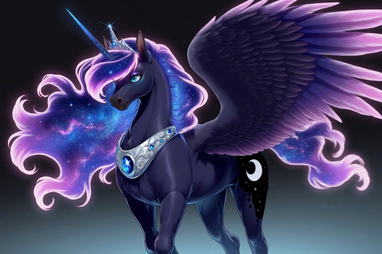 female feral horn jewelry regalia silver_(metal) silver_jewelry simple_background solo spread_wings standing wings anonymous_director friendship_is_magic my_little_pony princess_luna_(mlp) equid equine mammal winged_unicorn hi_res