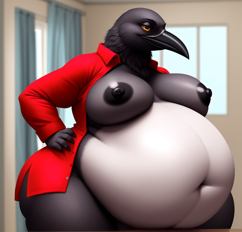 5_fingers after_vore anthro beak belly big_belly black_beak black_body black_nipples bottomless breasts clothed clothing deep_navel door female fingers inside jacket multicolored_body navel nipples non-mammal_nipples obese obese_anthro obese_female orange_eyes overweight overweight_anthro overweight_female solo standing topwear topwear_only vore window cow_of_fire avian bird corvid corvus_(genus) crow oscine passerine shaded