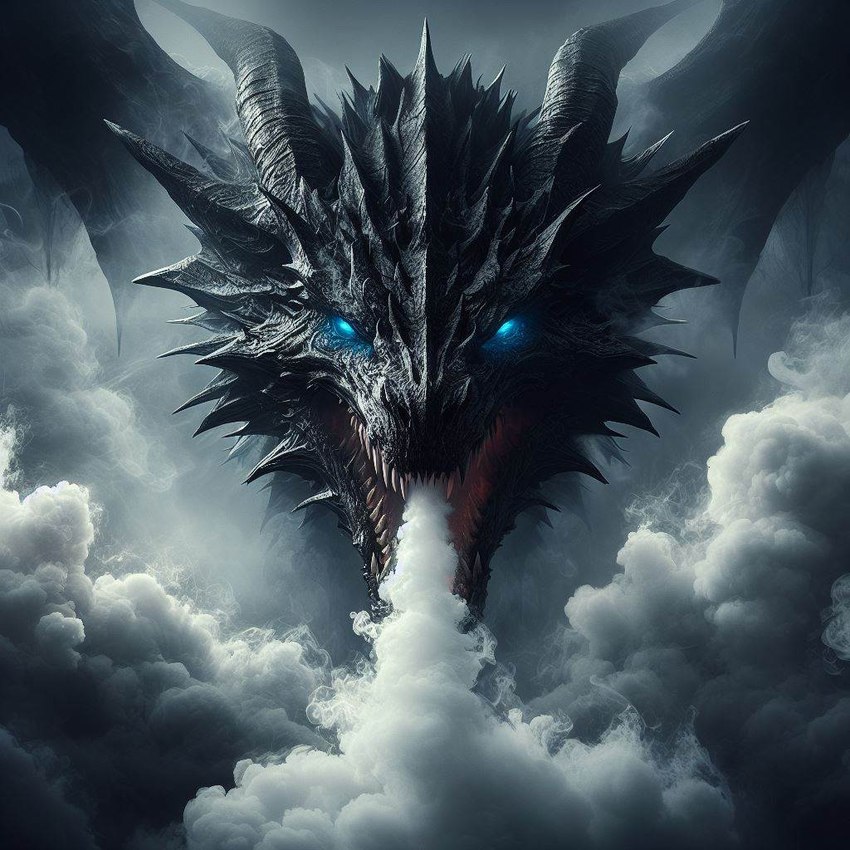 black_body black_scales blue_eyes feral flying glowing glowing_eyes horn male scales smoke smoke_from_mouth solo spines spread_wings wings loganth dragon