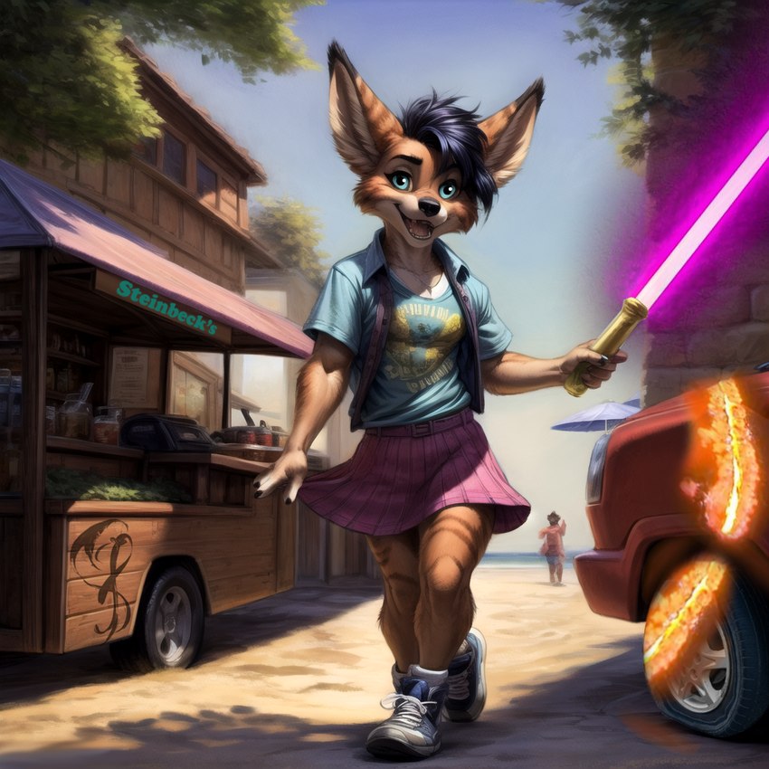 ambiguous_gender anthro beach black_hair bottomwear car cart clothing day duo fauxhawk female flat_tire footwear hair holding_object holding_weapon lightsaber melee_weapon outside seaside shirt shoes skirt smile sneakers solo_focus t-shirt tire topwear vehicle vest weapon wheel bronzepaws canid canine fox mammal vulpera