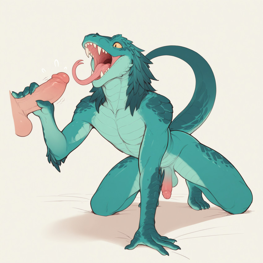 4_toes 5_fingers all_fours anthro arm_support balls bent_legs bodily_fluids claws countershade_face countershading crouching curved_tail disembodied_penis duo erection fangs feathers feet fingers flying_sweatdrops forked_tongue front_view genitals glans glistening glistening_balls glistening_genitalia glistening_glans glistening_penis half-erect handjob human_on_anthro humanoid_genitalia humanoid_penis imminent_oral imminent_sex interspecies kneeling looking_at_genitalia looking_at_penis male male/male no_sclera open_mouth penile penis penis_grab pink_glans sabertooth_(anatomy) sex sharp_teeth simple_background slim solo_focus sweat sweatdrop tail tan_balls tan_penis teal_balls teal_body teal_countershading teal_feathers teal_penis teal_scales teeth toes tongue vein veiny_penis ventral_scales white_background yellow_eyes latentspaceman feathered_lizard feathered_scalie human lizard mammal reptile scalie hi_res