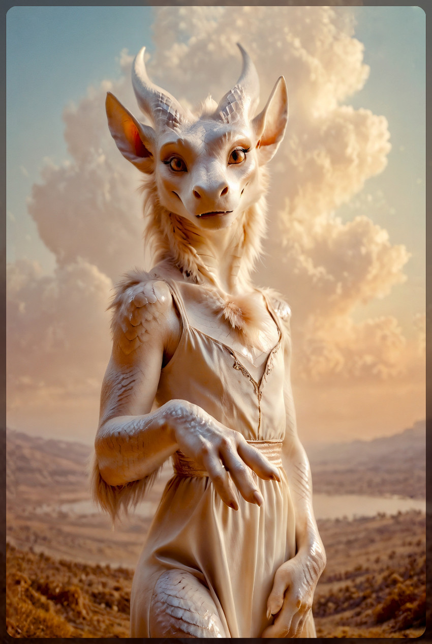 anthro clothing dragoness dress female long_ears mythology outside photorealism realistic solo standing miracleofmystery dragon humanoid mythological_creature mythological_scalie reptile scalie hi_res