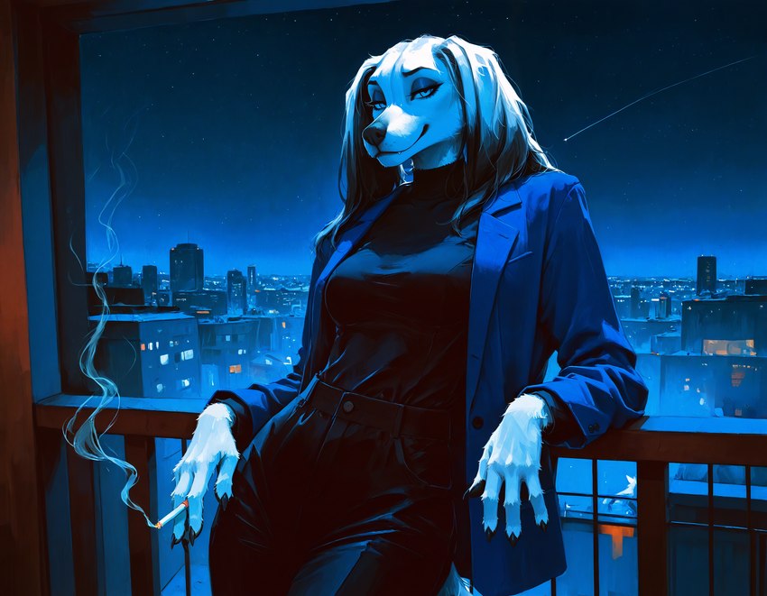 anthro breasts cigarette city city_background cityscape female night railing smoke solo anonymous_director canid canine canis domestic_dog hunting_dog mammal saluki sighthound hi_res