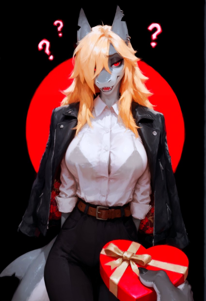 <3 belt blonde_hair box_of_chocolates breasts candy chocolate clothing dessert female fin food hair question_mark shirt simple_background solo suit suit_jacket topwear white_clothing white_shirt white_topwear gshepanon valentine's_day jess_(gshepanon) fish marine shark absurd_res hi_res