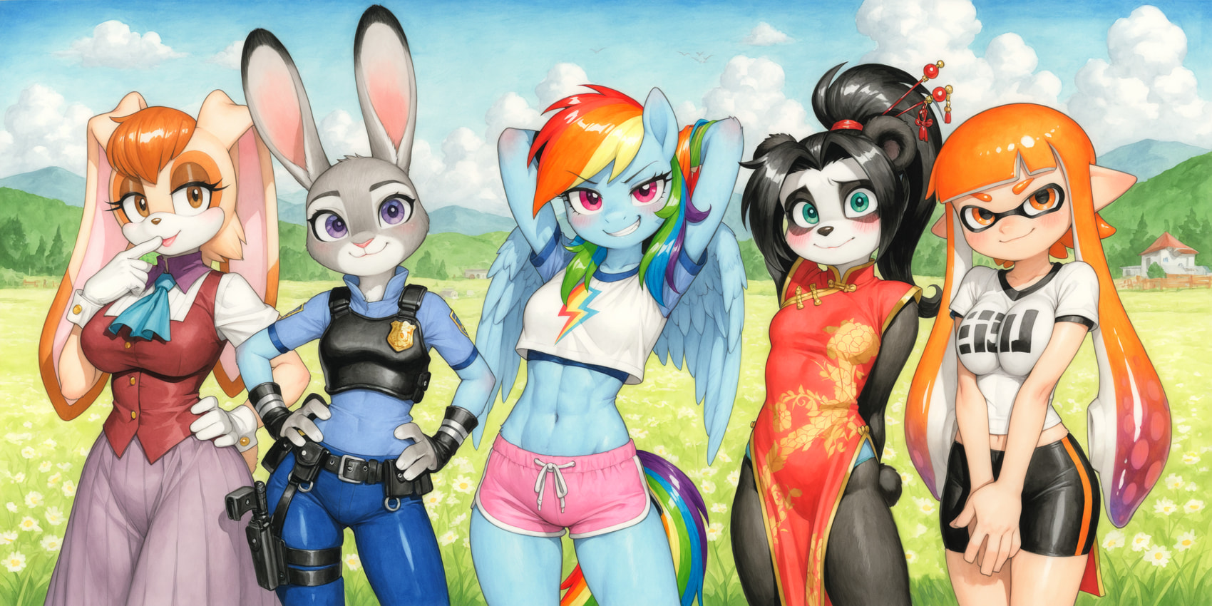 inkling girl, judy hopps, li li stormstout, rainbow dash, and vanilla the rabbit (sonic the hedgehog (series) and etc) directed by gridanon