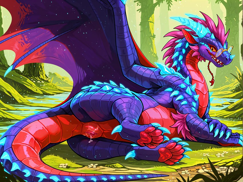 bodily_fluids female feral genital_fluids genitals hair looking_at_viewer lying membrane_(anatomy) membranous_wings on_side outside presenting pussy raised_leg smile solo spreading wings acryliccai dragon scalie western_dragon colorful hi_res