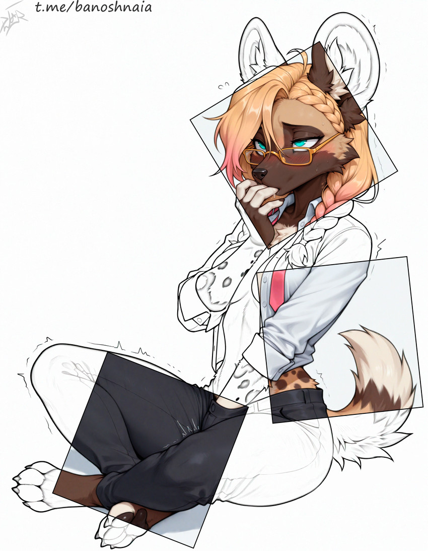 anthro blonde_hair blue_eyes bottomwear braided_hair claws clothing eyewear female finger_in_mouth glasses hair hand_in_pants looking_pleasured necktie pants pawpads paws pigtails shaking shirt simple_background sitting solo sucking text toe_claws topwear trembling twin_braids white_background white_clothing white_shirt white_topwear djar17 zahra_(djar17) african_wild_dog canid canine mammal absurd_res hi_res line_art monochrome spot_color url