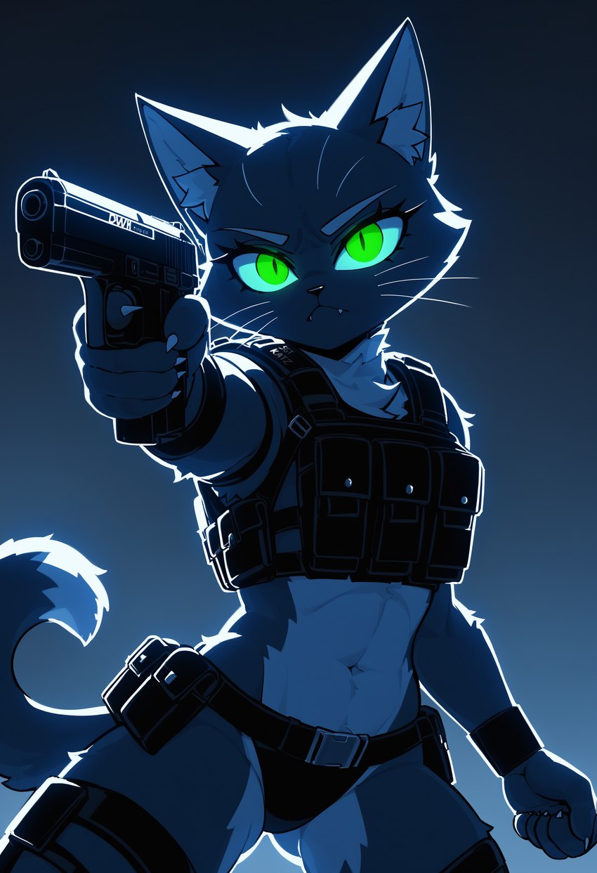 anthro armor athletic backlighting bikini bikini_armor bikini_bottom body_armor chest_tuft clothing fangs female fur glowing glowing_eyes green_eyes grey_body grey_fur gun handgun intense_gaze light midriff pistol ranged_weapon simple_background solo swimwear tactical_gear tuft unconvincing_armor weapon whiskers white_body white_fur white_tail_tip drawswhenhungry domestic_cat felid feline felis mammal absurd_res dark_theme flat_colors hi_res lighting signature