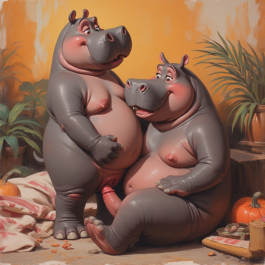 andromorph anthro bedroom_eyes belly belly_bulge big_penis breasts curvy_figure day dominant dominant_female duo erection female female_penetrated genitals huge_penis humanoid_genitalia humanoid_penis intersex intersex/male light looking_pleasured male male/female male_penetrating narrowed_eyes nipples nude overweight overweight_anthro penetration penile penis pink_body plant presenting pussy seductive sex sitting sitting_on_ground smile standing standing_sex thick_thighs vaginal vaginal_penetration vein veiny_penis wide_hips extravirginweaseloil common_hippopotamus hippopotamid mammal hi_res