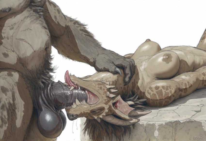 anthro balls big_penis black_penis breasts duo erection female genitals irrumatio lying male male/female nipples non-mammal_breasts on_back oral penile penis sex simple_background throat_swabbing white_background hyperion gnoll hyaenid kobold mammal