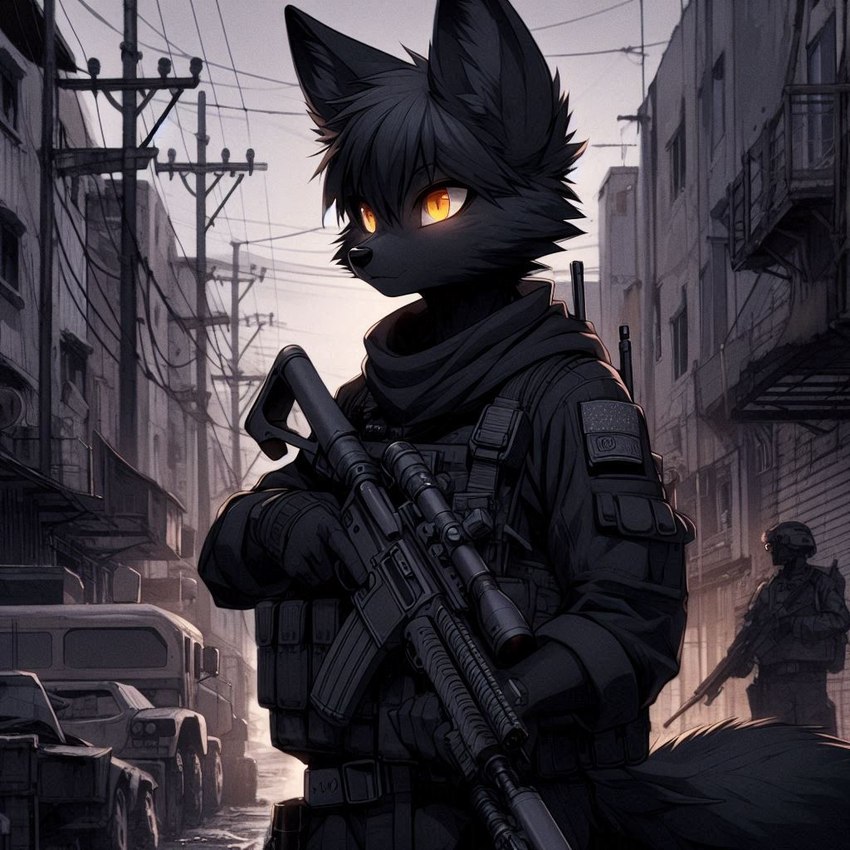 anthro black_body black_clothing black_fur clothing fur male orange_eyes solo weapon lucifluffy kalenek_(lucifluffy) canid canine fennec fox mammal