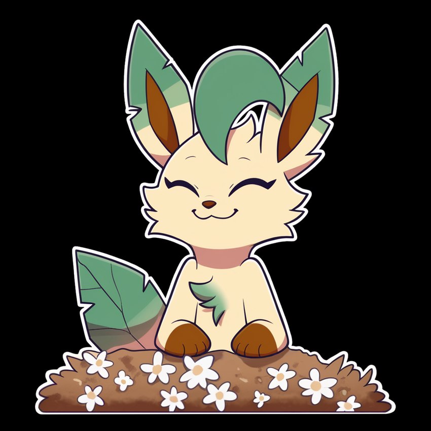 dirt eyes_closed facial_tuft female feral flower leaf_ear leaf_tail plant reaction_image relaxed relaxing simple_background smile solo sticker transparent_background yellow_body orionbonnie nintendo pokemon canid canine eeveelution generation_4_pokemon leafeon mammal pokemon_(species) alpha_channel