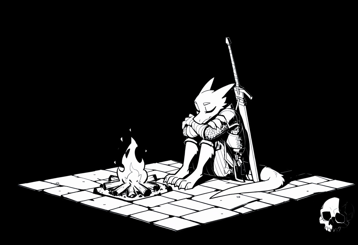 3_toes 4_fingers anthro arm_on_knee black_background bone brick_wall campfire crossed_arms darkness digitigrade eyes_closed feet fingers fur medieval_armor medieval_clothing on_ground simple_background sitting sitting_on_ground skull skull_head solo sword_on_back text toes wall_(structure) weapon weapon_on_back adragocult furred_kobold kobold absurd_res black_and_white hi_res monochrome