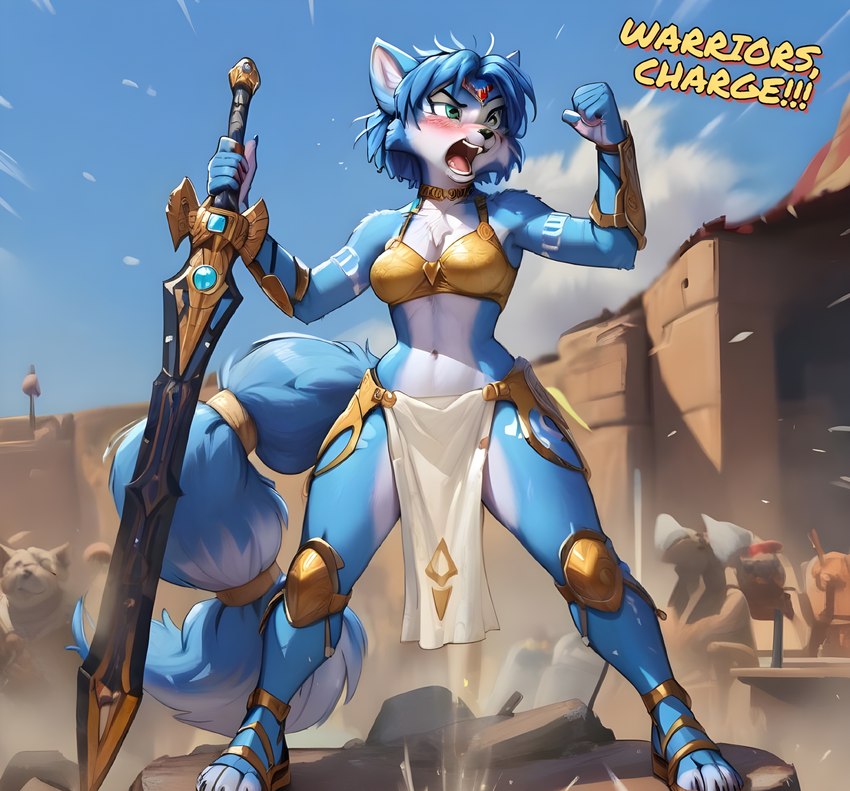 angry anthro armor bottomwear bra clothing face_blush female front_view loincloth melee_weapon motion_lines raised_arm solo standing starfox sword text underwear weapon yelling ilovekrystal krystal canid canine fox mammal absurd_res hi_res