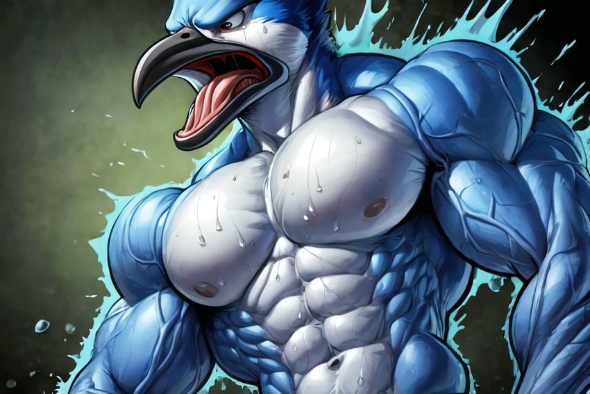 abs anthro beak biceps big_muscles blue_body blue_feathers feathers growth male muscle_growth muscular muscular_anthro muscular_male navel nipples nude pecs screaming solo standing triceps veiny_biceps veiny_muscles white_body birdovo avian bird blue_jay corvid jay_(bird) new_world_jay oscine passerine