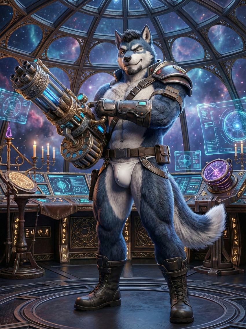 anthro blue_body blue_fur boots clothing cosmic_background footwear fur gun leather_straps looking_at_viewer machine male muscular muscular_anthro muscular_male one_eye_closed ranged_weapon science_fiction smile solo space thong thong_straps underwear weapon wink sweet_husbando canid canine canis mammal wolf absurd_res hi_res