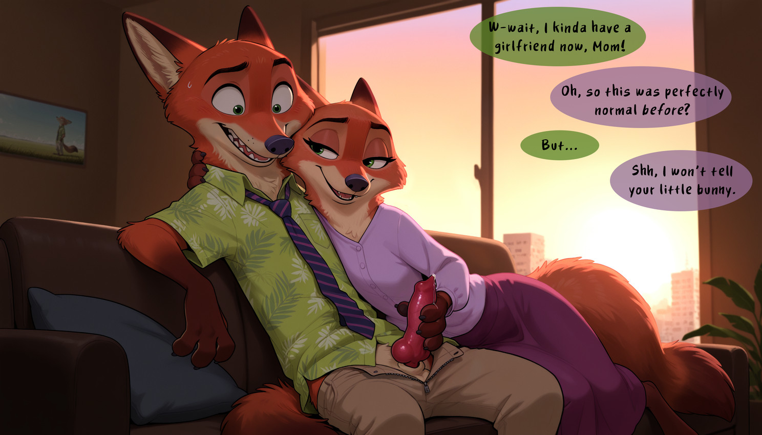 4_fingers animal_genitalia animal_penis anthro bedroom_eyes bodily_fluids bottomwear canine_genitalia canine_penis clothed clothing dialogue duo erection female fingers flat_chested fully_clothed furniture genital_fluids genitals handjob living_room male male/female narrowed_eyes on_sofa open_mouth pants penile penis precum seductive semi-anthro sex sitting sitting_on_sofa smile sofa speech_bubble sunset unzipped unzipped_pants aksel disney zootopia mrs._wilde nick_wilde canid canine fox mammal red_fox hi_res incest_(lore) mother_(lore) mother_and_child_(lore) mother_and_son_(lore) parent_(lore) parent_and_child_(lore) parent_and_son_(lore) son_(lore)