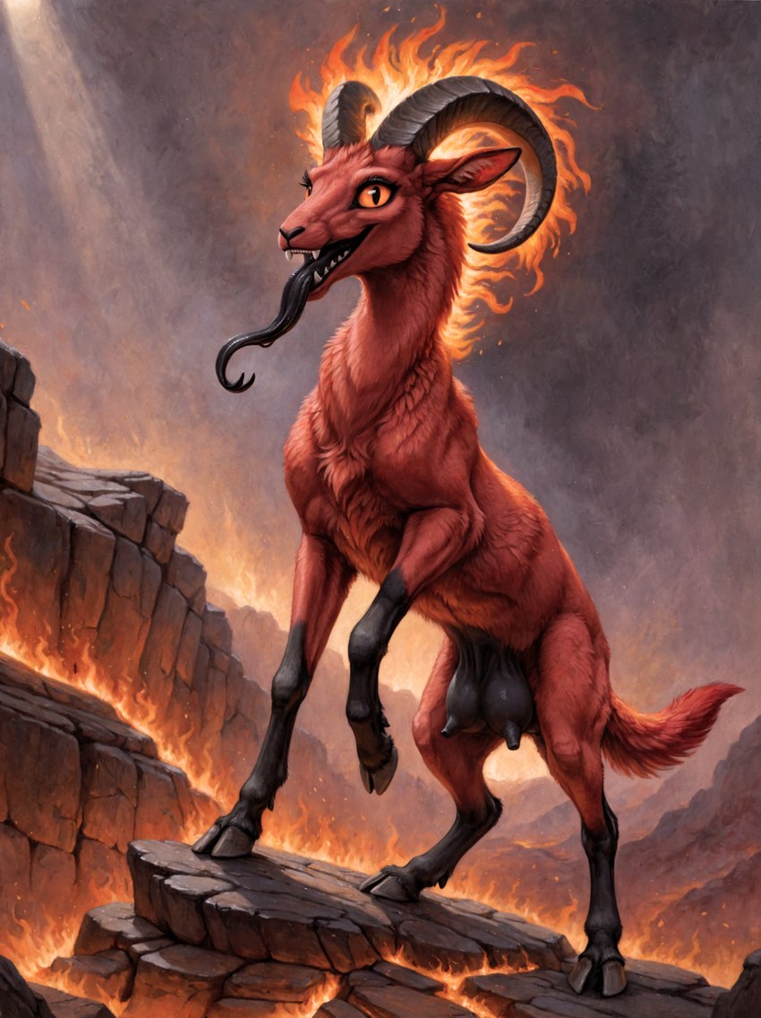 black_nipples black_tongue cloven_hooves curved_horn darkened_genitalia fangs female feral fire flaming_hair flaming_mane forked_tongue front_view genitals hooves horn inner_ear_fluff long_tail long_tongue looking_at_viewer low-angle_view nipples open_mouth orange_eyes prehensile_tongue pseudo_hair pseudo_mane pupils red_body sagging_teats sharp_teeth slippery_tongue slit_pupils solo teats teeth tongue tuft nightdancer bovid caprine caprine_demon demon goat_demon hybrid mammal full-length_portrait hi_res portrait