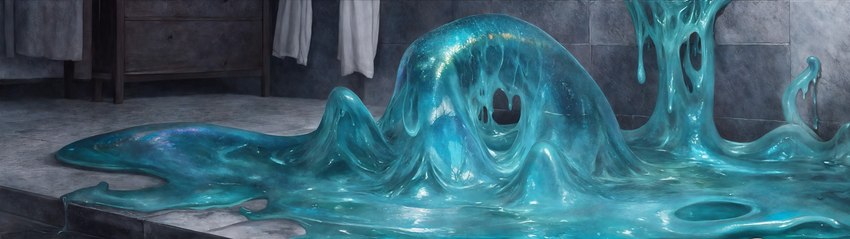 ambiguous_gender bathroom blue_goo goo_dripping solo stone_floor tentacles towel ultrawide scalesai goobella_(scalesai) goo_creature absurd_res hi_res widescreen