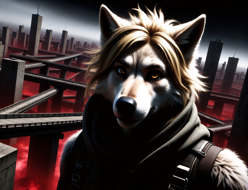 anthro black_background black_sky blonde_hair bridge brutalist_architecture buckle building city dark fog fur hair hoodie_vest light looking_at_viewer male middle_part neutral_expression orange_eyes shadow simple_background skyscraper sleeveless solo standing tan_body tan_fur white_body white_fur 7oxytron canid canine canis mammal wolf bust_portrait hi_res lighting portrait red_theme