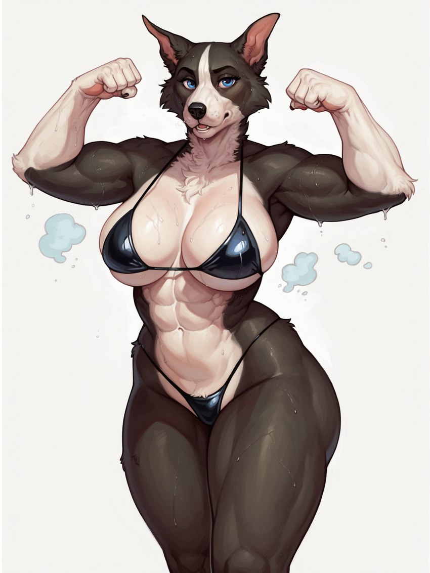 abs anthro big_breasts bikini bodily_fluids breasts clothing female flexing flexing_biceps flexing_both_biceps looking_at_viewer muscular muscular_female musk musk_clouds pose presenting solo standing string_bikini sweat sweatdrop sweating_profusely sweaty_body sweaty_breasts sweaty_face sweaty_legs swimwear anonymous_director sarah_(u.d) border_collie canid canine canis collie domestic_dog herding_dog mammal pastoral_dog sheepdog hi_res