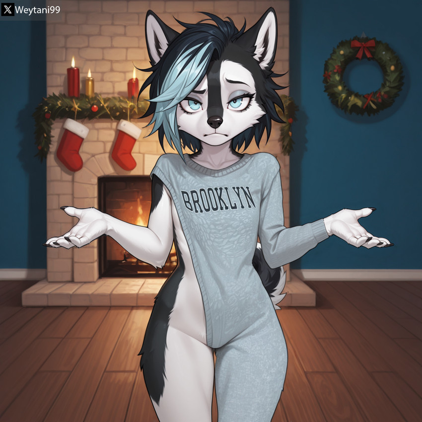 anthro black_body black_claws black_fur black_hair blue_eyes blue_hair bottomless claws clothed clothing confusion female flat_chested fur hair solo sweater sweater_only topwear topwear_only white_body white_fur weytani99 skye_(weytani99) canid canine canis domestic_dog husky mammal nordic_sled_dog spitz
