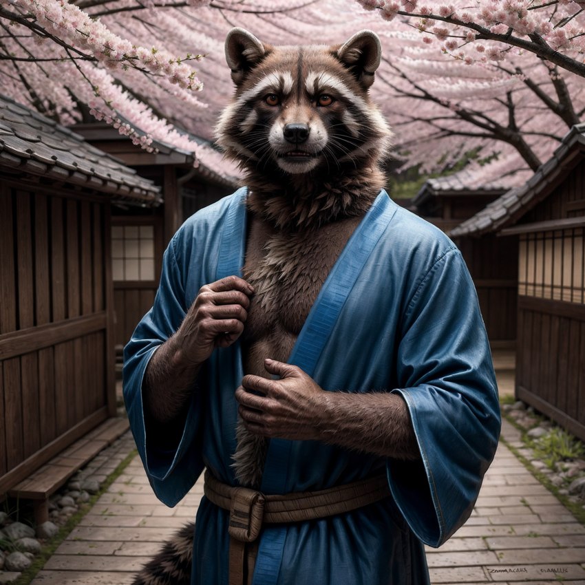 2024 anthro asian_clothing black_nose blue_clothing blue_kimono brick_road cherry_blossom cherry_blossom_tree cherry_tree chest_tuft clothing east_asian_clothing fruit_tree japan japanese_architecture japanese_clothing kimono male neck_tuft pecs plant solo spring stable_diffusion tree tuft monkeyelf_(director) rocket_raccoon mammal procyonid raccoon tail hi_res