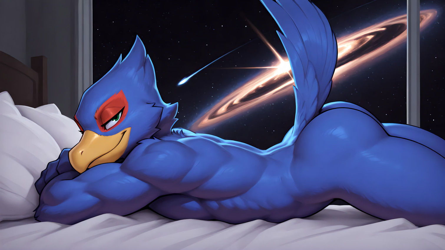 anthro arms_crossed back_muscles beak bed bedroom_eyes biceps blue_body blue_feathers butt cosmic_background feathers furniture green_eyes half-closed_eyes inside looking_at_viewer lying lying_on_bed male muscular muscular_male narrowed_eyes nude on_bed on_front presenting seductive side_view smile smug solo space star tail_feathers triceps promagentis nintendo star_fox falco_lombardi avian bird galliform phasianid hi_res