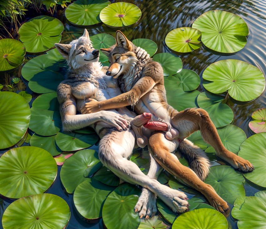 anthro balls black_nose bodily_fluids cum duo fur genital_fluids genitals hugging humanoid_genitalia humanoid_penis lake male male/male open_mouth penis swimming vein veiny_penis water wet wolfs-chaser canid canine canis coyote domestic_dog herding_dog mammal pastoral_dog were werecanid werecanine werewolf wolf hi_res