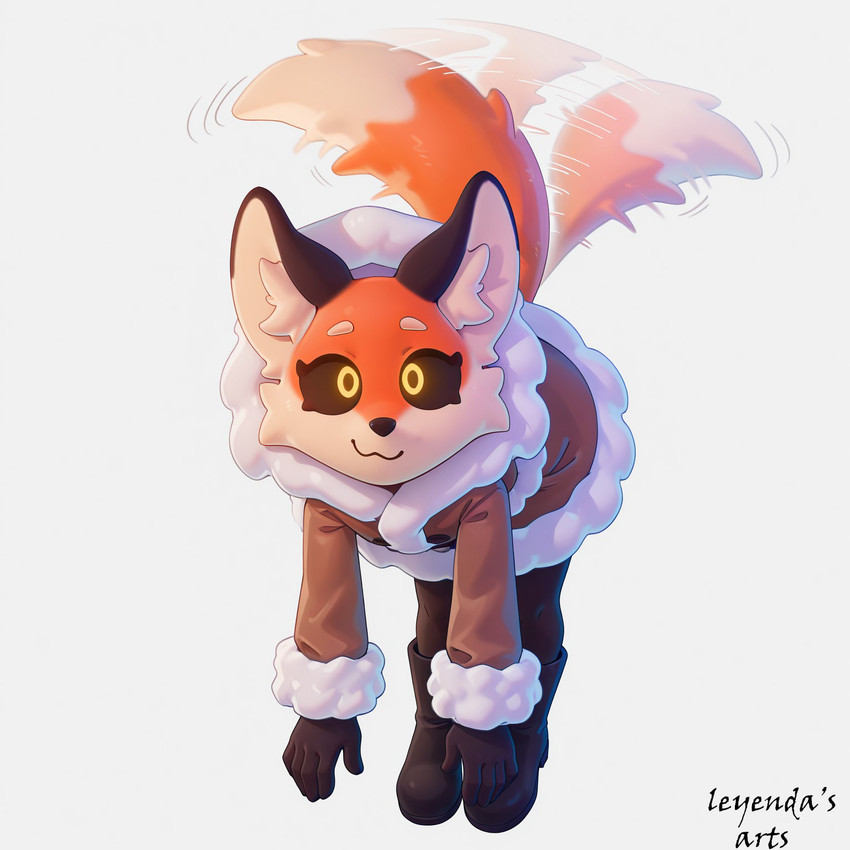 anthro black_clothing black_hands black_legwear black_pantyhose black_sclera boots clothing female flying footwear fur_coat hands legwear looking_at_viewer pantyhose simple_background smile solo white_background yellow_eyes leyendas_arts alice_the_vixen canid canine fox mammal hi_res watermark