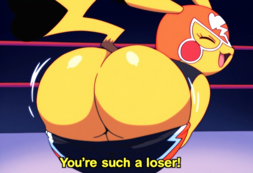 butt butt_focus clothing cosplay_pikachu_(costume) dialogue female fighting_ring mask open_mouth solo undressing yellow_body yellow_skin anonymous_director nintendo pokemon pikachu_libre generation_1_pokemon pikachu pokemon_(species)