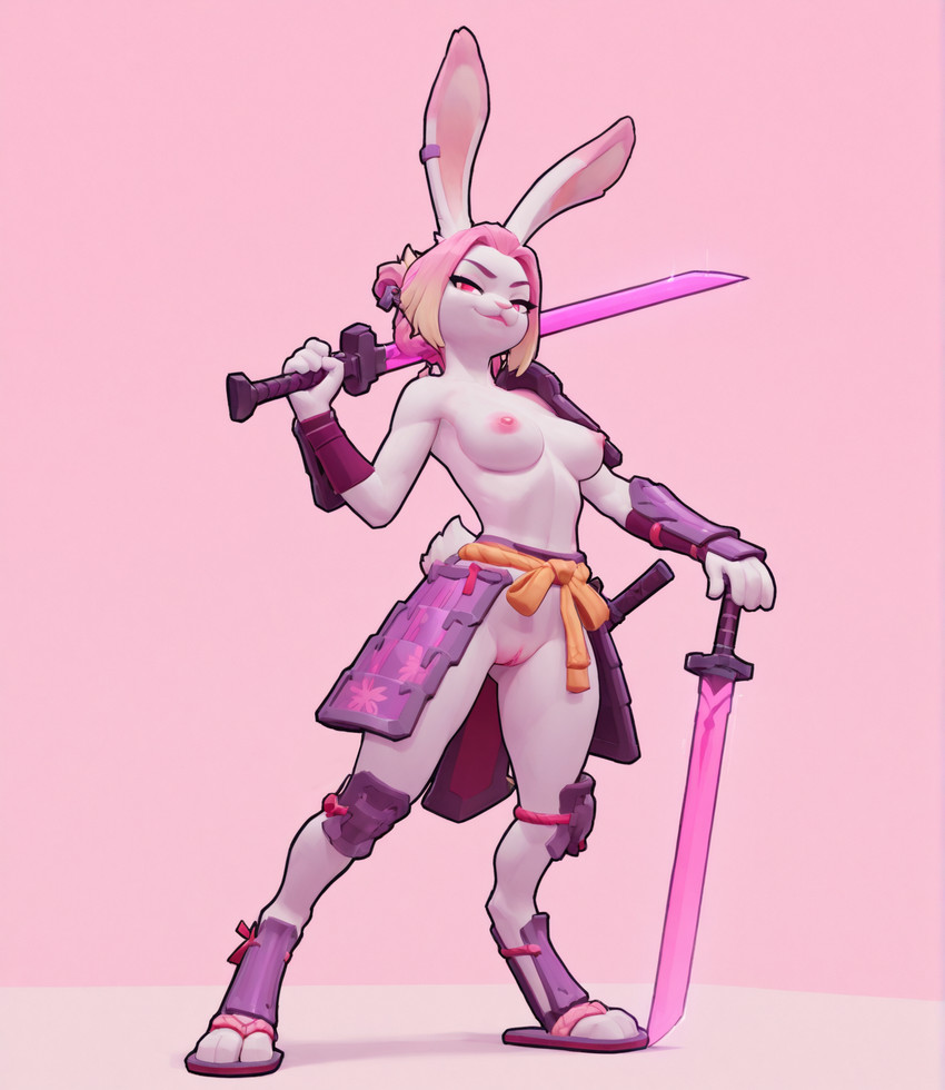 3_fingers 3_toes accessory anthro armor bedroom_eyes belt blonde_hair breasts clothing digitigrade ear_piercing feet female fingers genitals hair hair_accessory hair_tie holding_object holding_weapon ineffective_clothing knee_pads lipstick looking_at_viewer looking_down_at_viewer low-angle_view makeup melee_weapon multicolored_hair narrowed_eyes nipples piercing pink_body pink_hair pink_nipples pink_nose pink_pussy pink_skin purple_eyes pussy rabbit_ears ropes samurai_armor scut_tail seductive short_tail shoulder_pads simple_background solo standing sword toes two_tone_hair weapon white_body white_skin wrist_guards shark_enthusiast gunfire_reborn tao_(gunfire_reborn) lagomorph leporid mammal rabbit hi_res