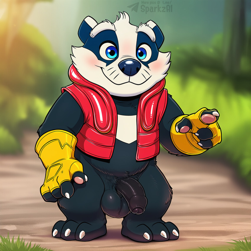 3_toes 4_fingers anthro balls biped black_balls black_body black_fur blue_eyes blurred_background blush bottomless claws clothed clothing feet fingers flaccid foreskin fur genitals glans gloves handwear humanoid_genitalia humanoid_penis looking_at_viewer male male_anthro multicolored_body outside paws penis smile solo standing telegram telegram_logo text toes topwear vest white_body white_fur sergalbutt bradley_the_badger badger mammal mustelid musteline 1:1 director_name signature url