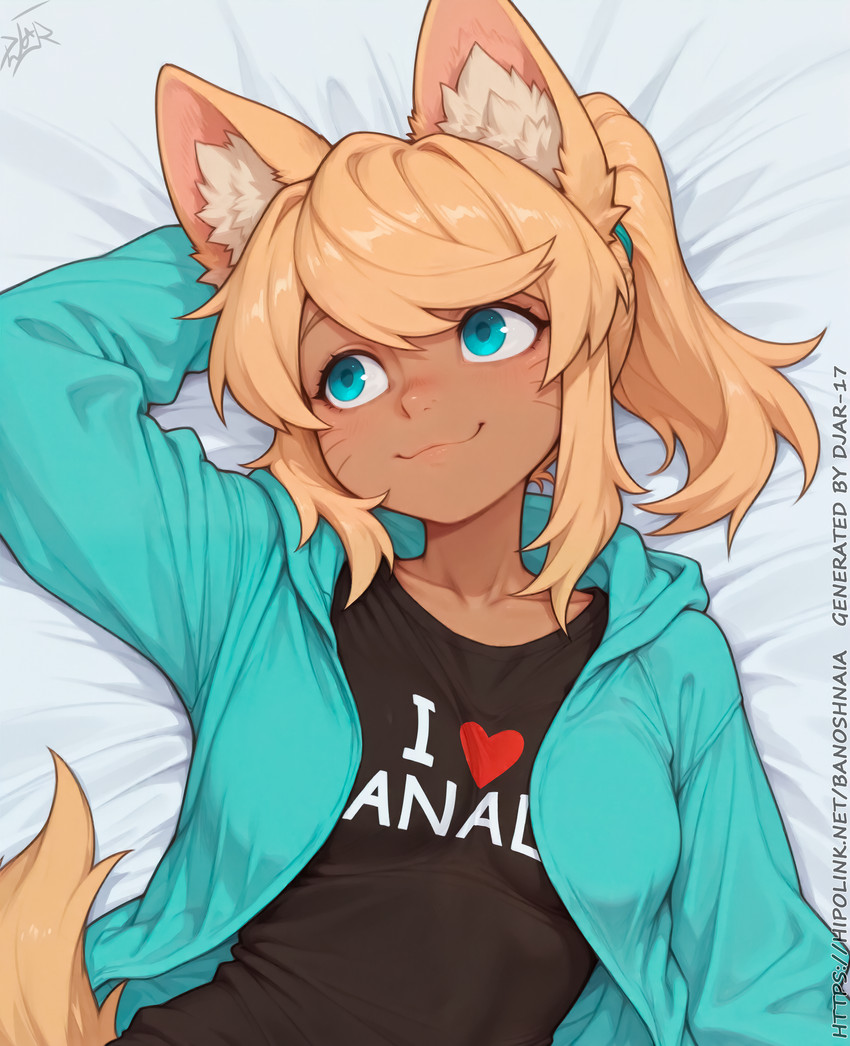 clothing female hand_behind_head hoodie lying on_back shirt solo t-shirt topwear upper_body djar17 liru_(magical_pokaan) animal_humanoid canid canid_humanoid canine canine_humanoid humanoid mammal mammal_humanoid wolf_humanoid absurd_res hi_res meme